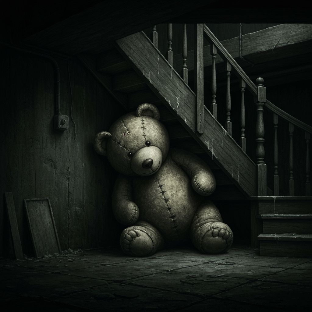 Menacing Stuffed Bear in Dark Basement