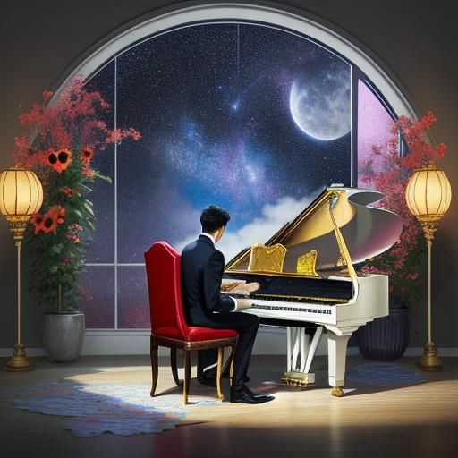Stained Glass Cityscape with Pianist in Kinkade Style