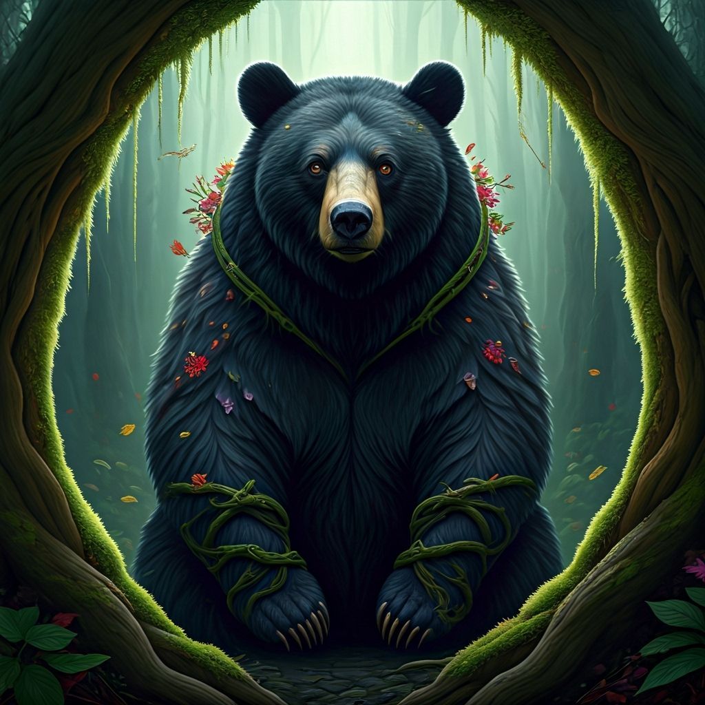 Majestic Black Bear Cloaked in Forest Flora