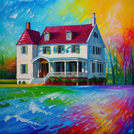 Neo-Impressionist Painting of a Ball, House, Jump