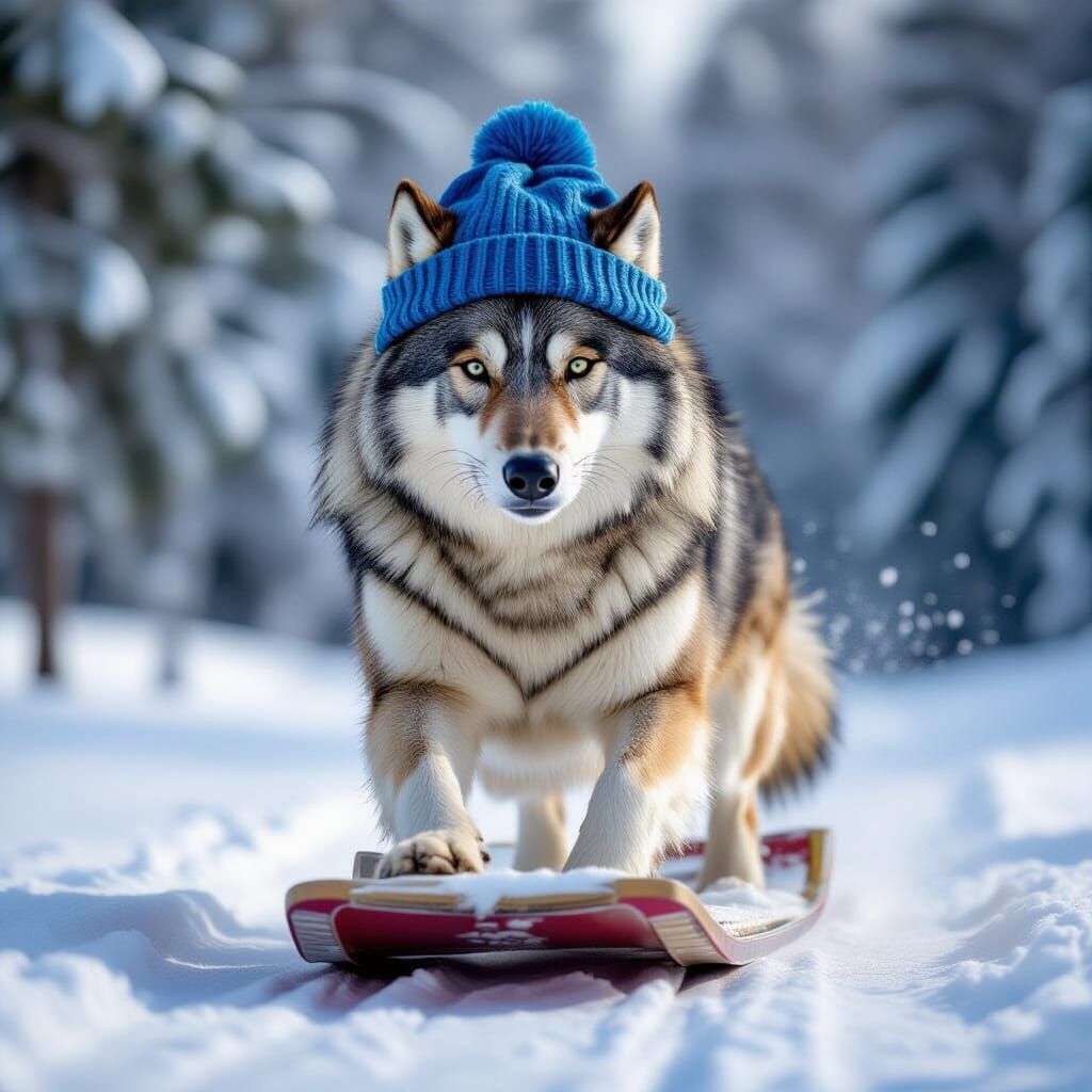 Realistic Lion in Blue Beanie Rides Sled Downhill