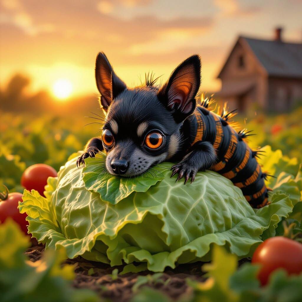 German Pinscher Caterpillar Creature in Vegetable Garden