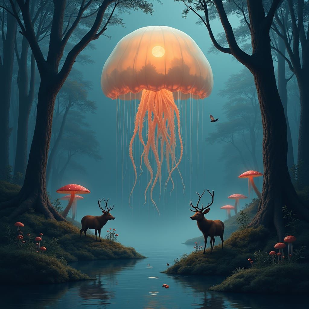 Colossal Jellyfish Cathedral Above Twilight Forest
