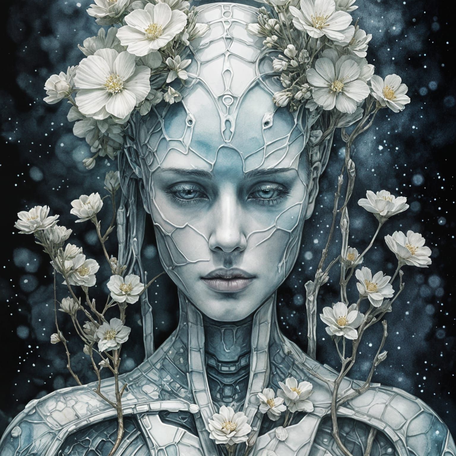 Ethereal Android Woman in Futuristic Watercolor Portrait