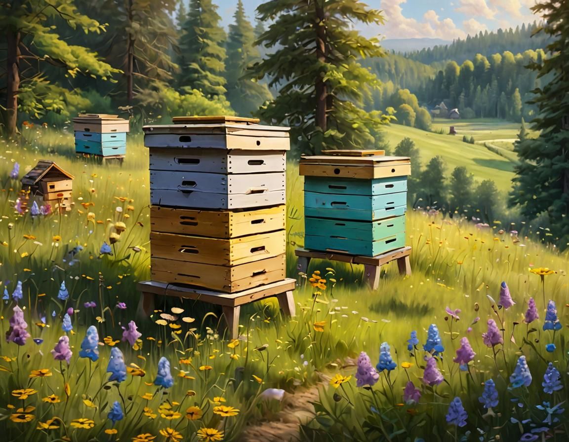 Beehives in a Meadow: An Oil Painting