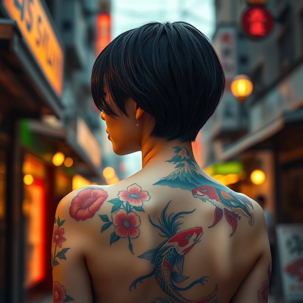 Japanese Woman with Intricate Tattoos in Vibrant Urban Scene