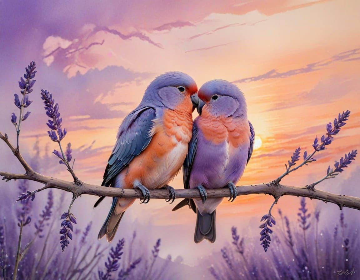 Lovebirds Cuddle at Sunset: Wet-on-Wet Watercolor