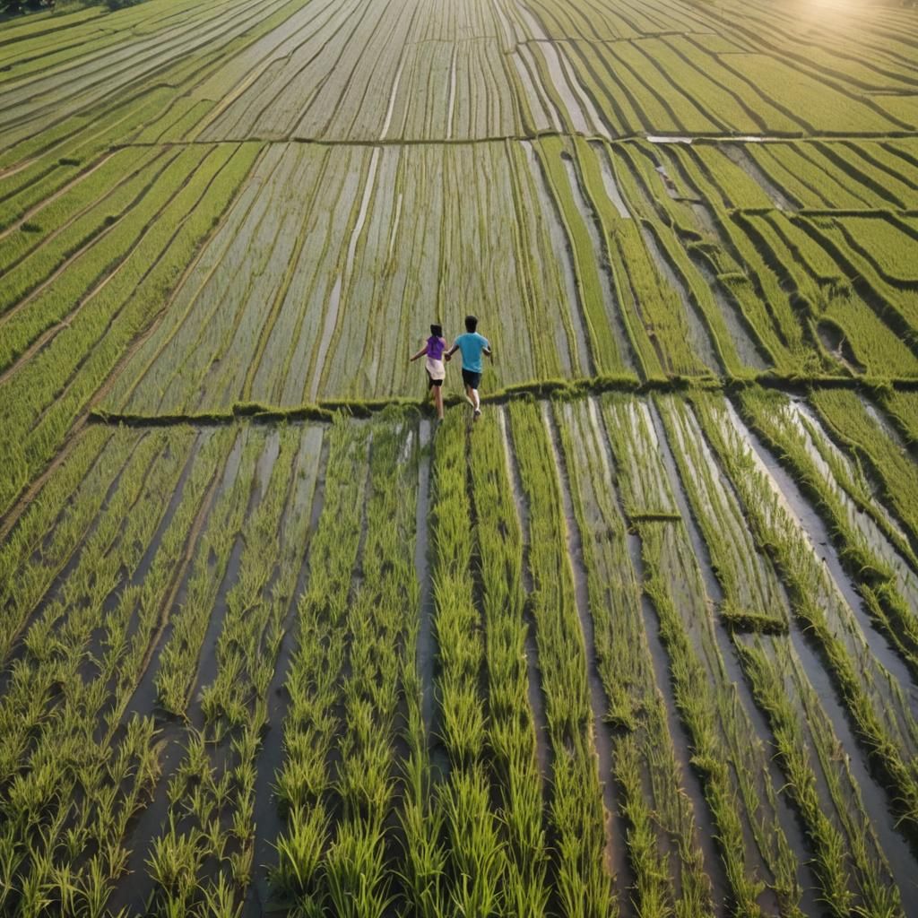 Couple Running Through Rice Fields in Sunlight