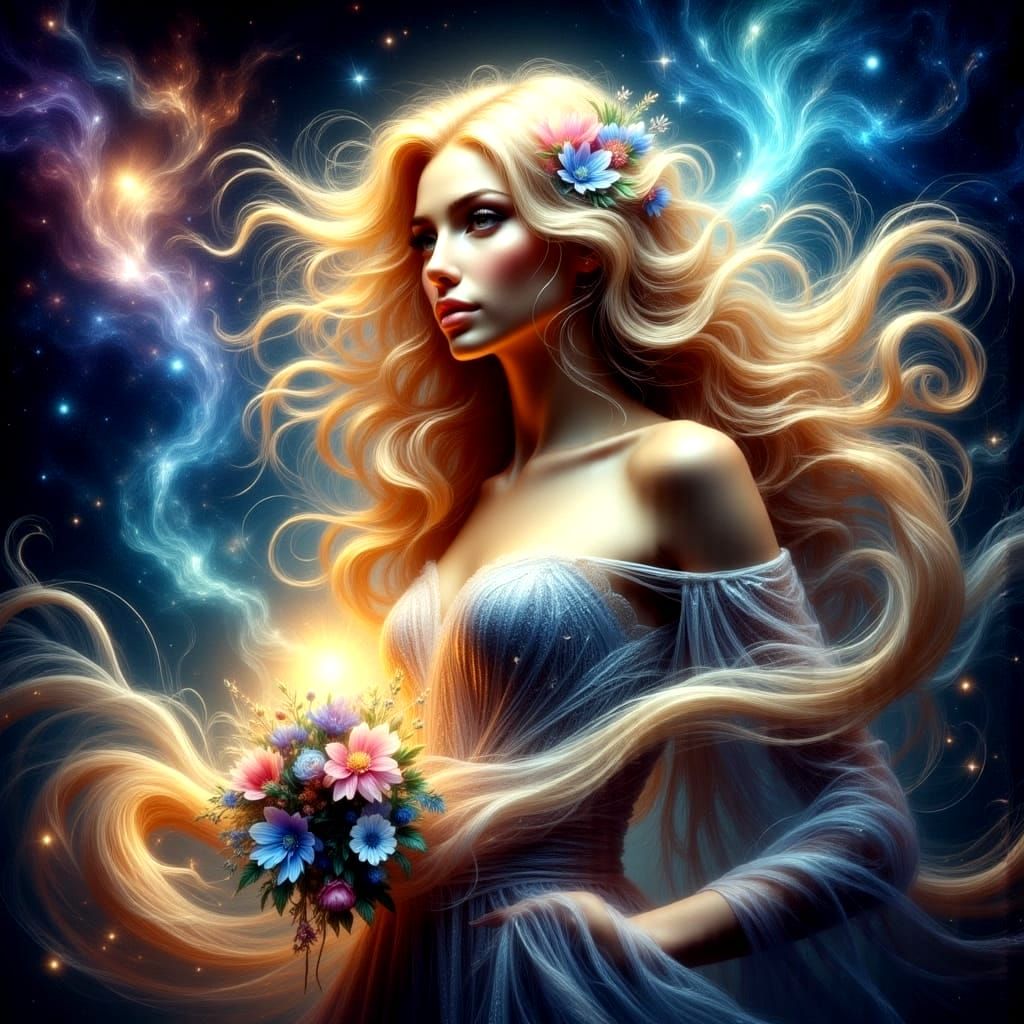 Ethereal Goddess in Celestial Aura with Holographic Elements