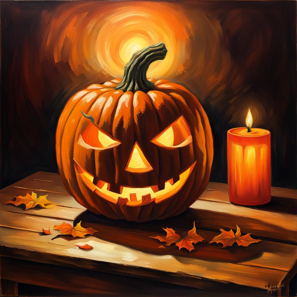 Eerie Jack-o-Lantern Still Life in Oil Painting Style