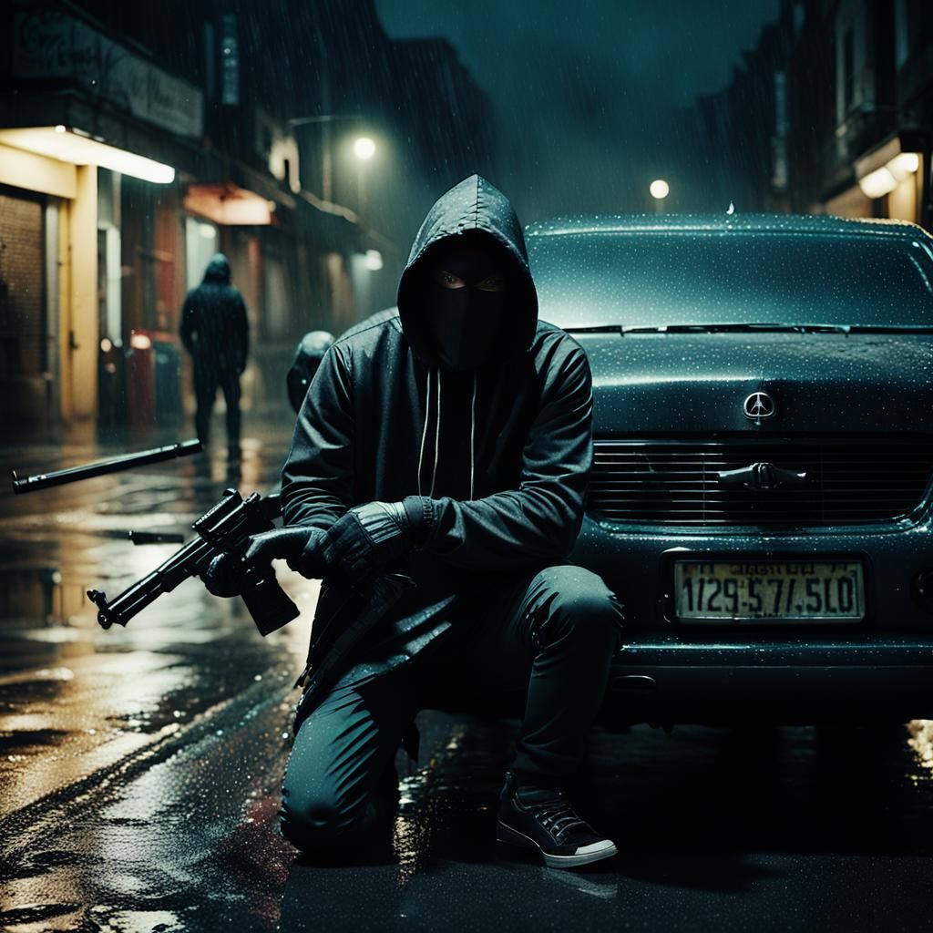 Anonymous Masked Figure in Film Noir Crime Scene