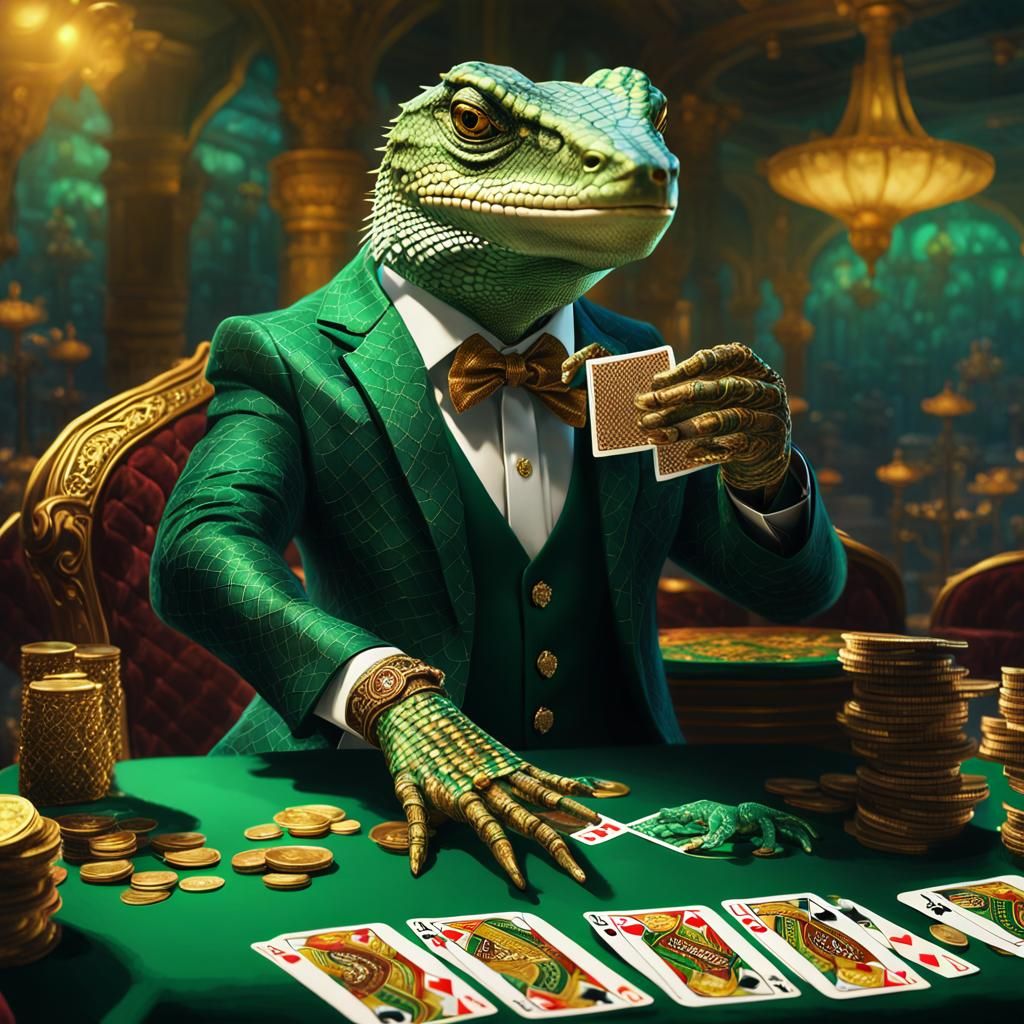Lizard Card Player in Opulent Casino