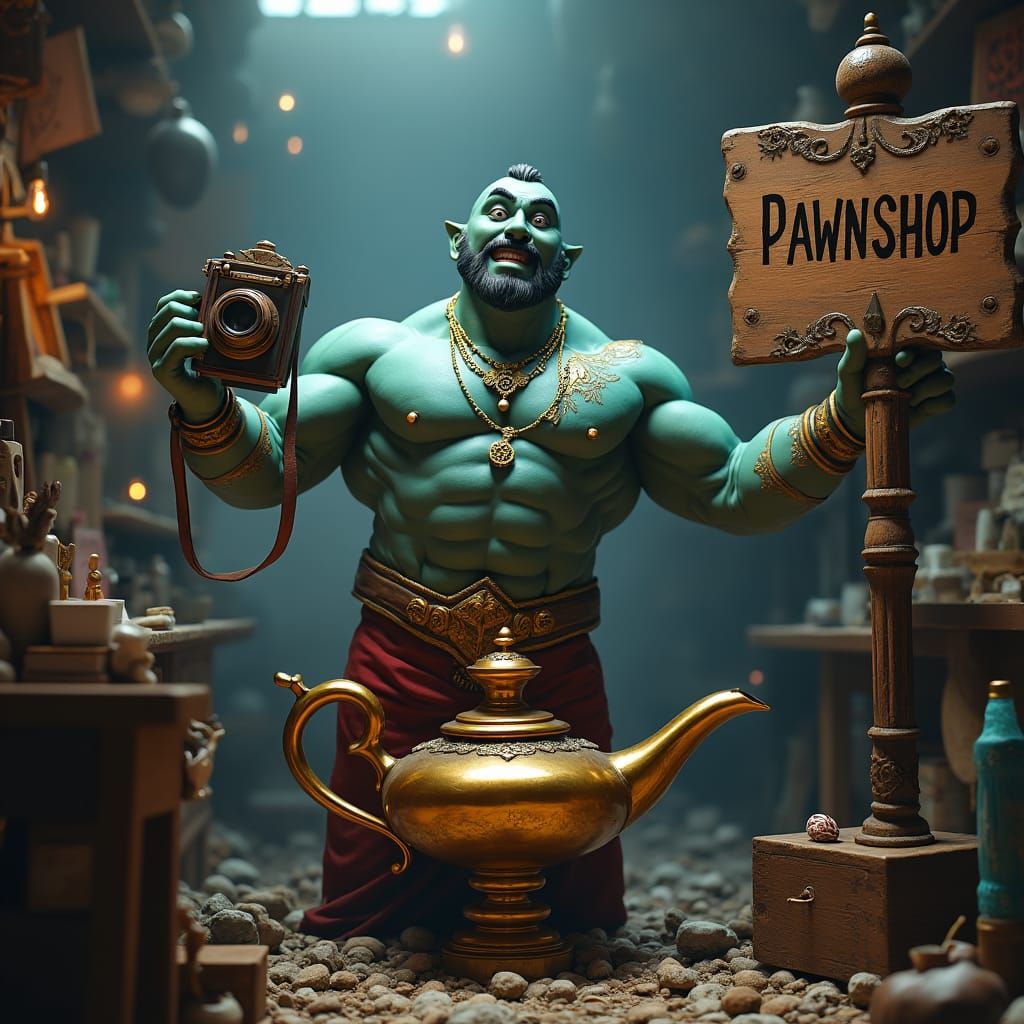 Majestic Genie Emerges Holding Antique Camera