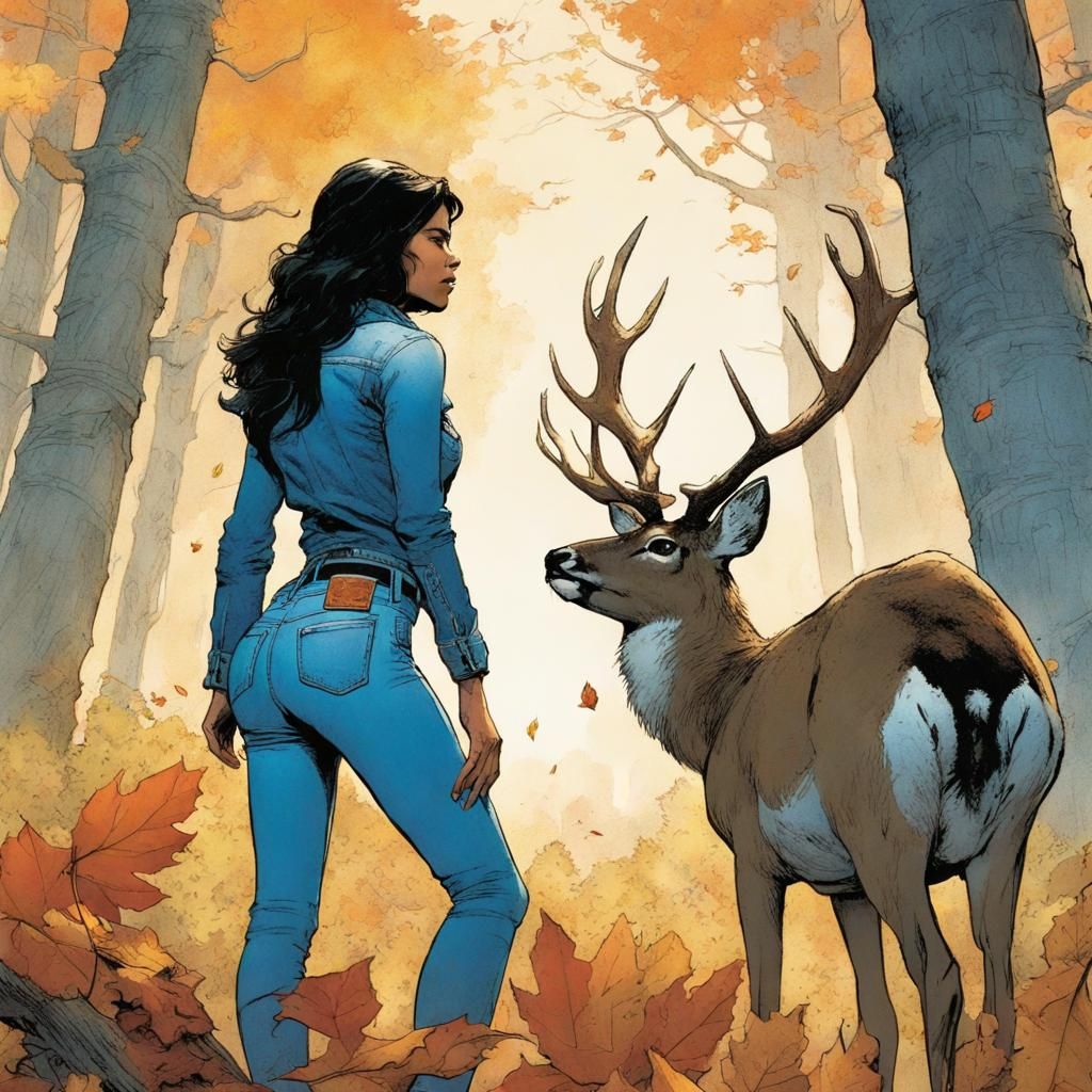 Latina and Deer in Autumn Forest, Comic Art Style