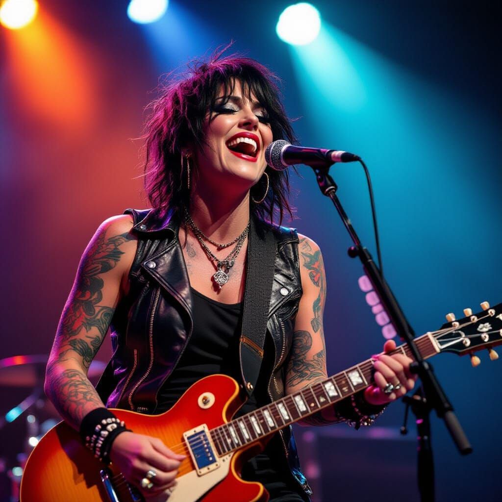 Rockstar on Stage with Guitar and Smudged Eyeliner