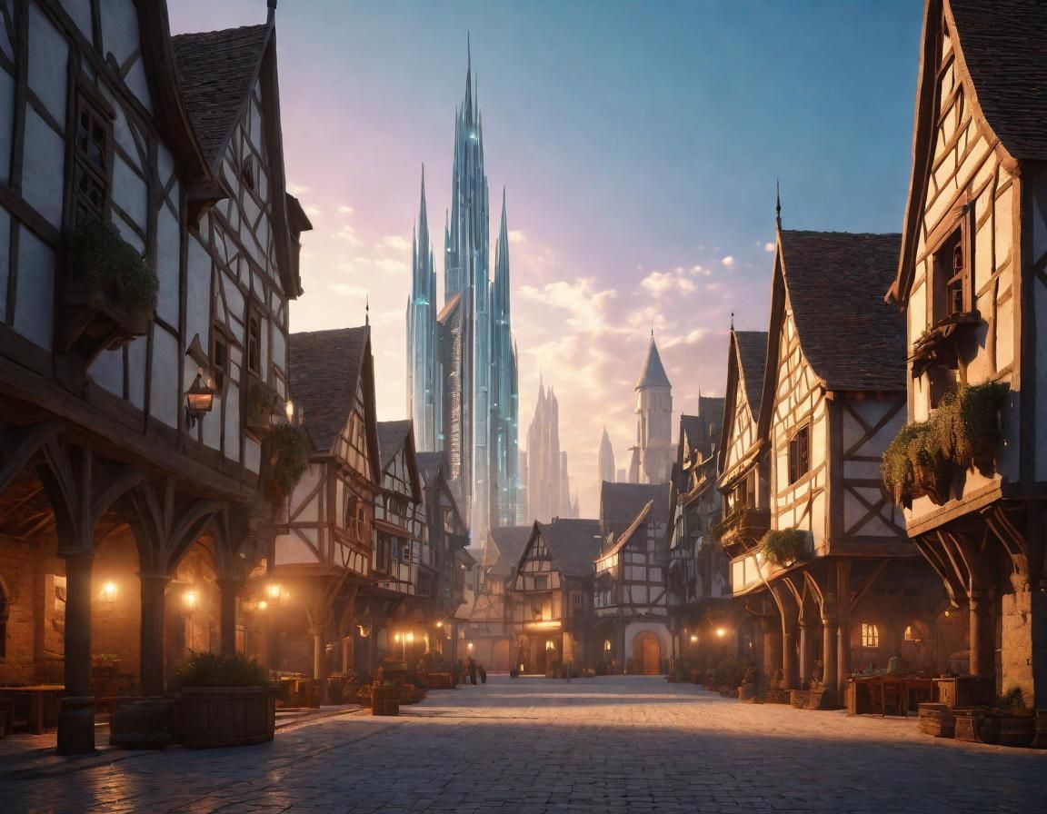 Futuristic Skyscrapers in Medieval Village Square