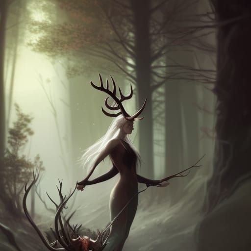 Mythical Woman with Antlers in Dark Fantasy Style
