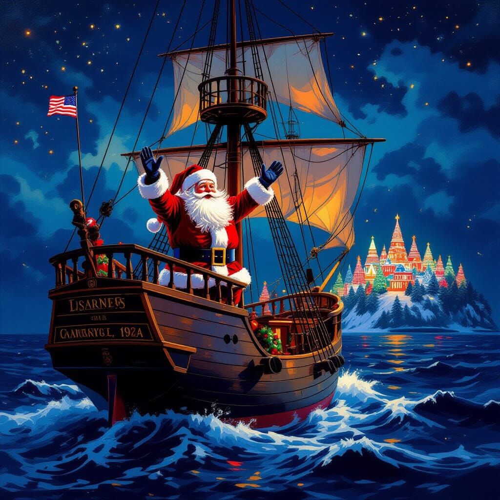 Santa Claus in Crow's Nest of Vintage Ship