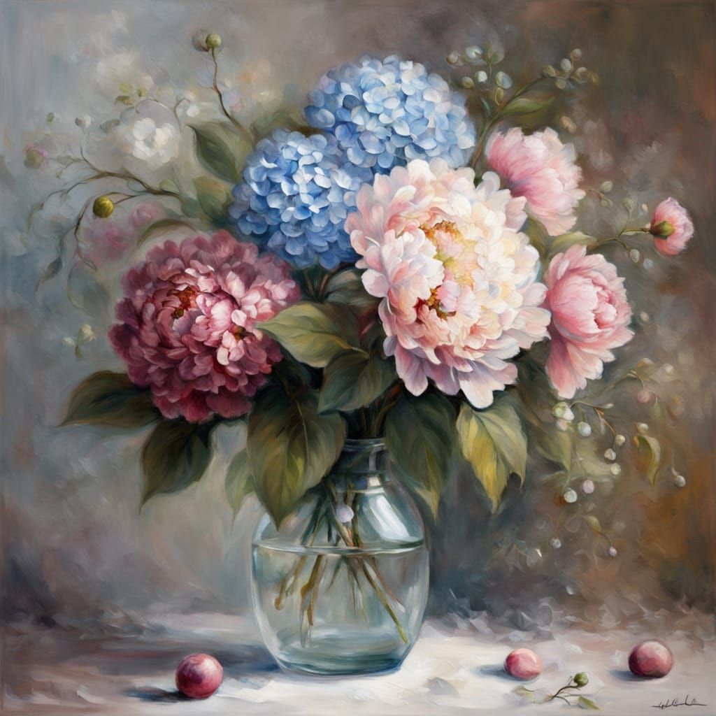 Elegant Floral Still Life Painting with Soft Pastel Colors