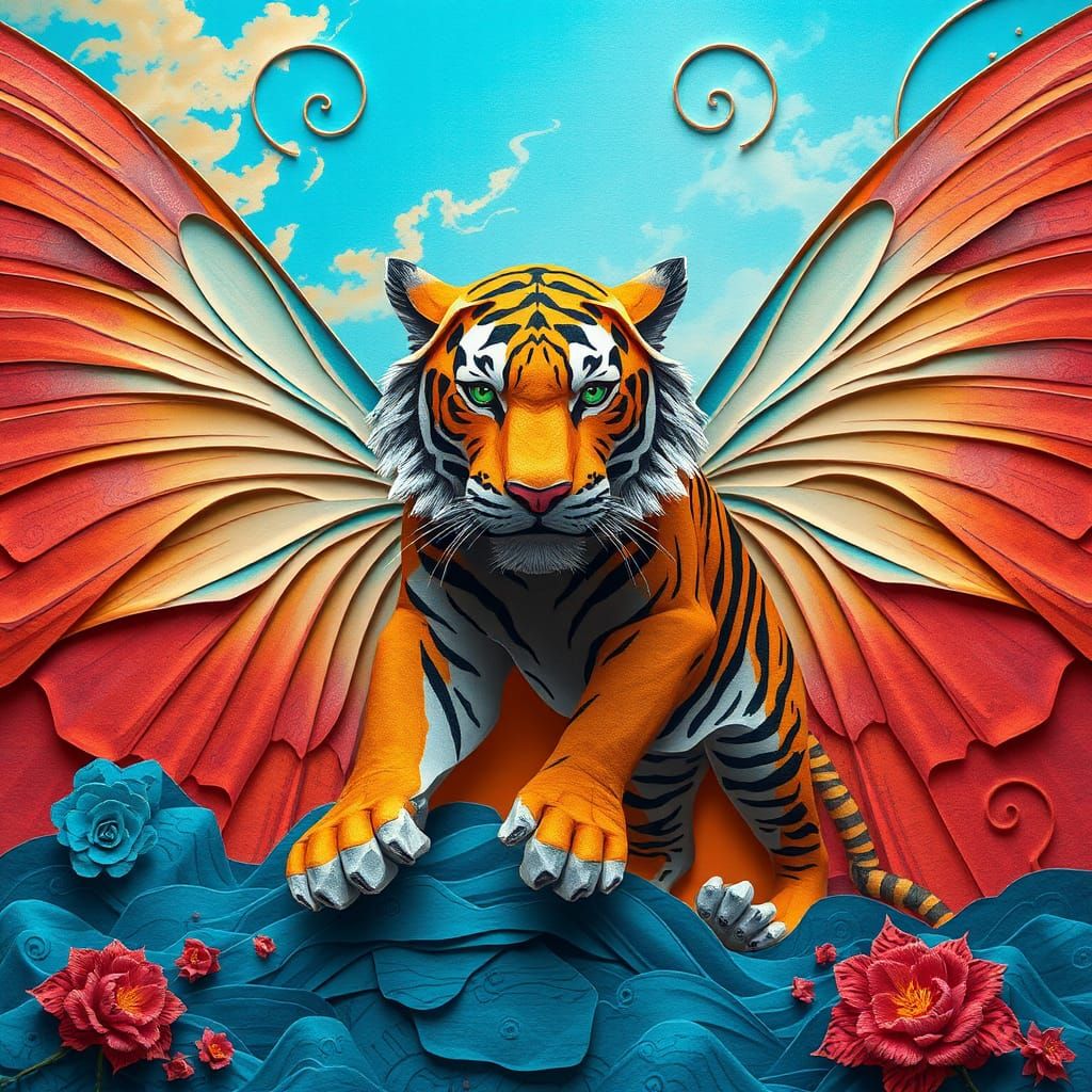 Paper Tiger and Iron Butterfly in Surreal Landscape