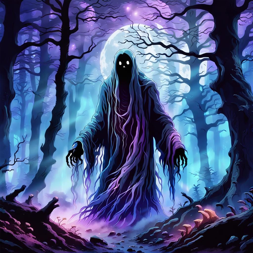 Anime Ghost Hopping in Misty Moonlit Forest