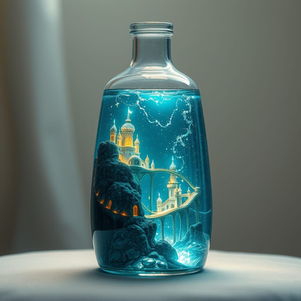 Glowing Underwater City in Glass Bottle