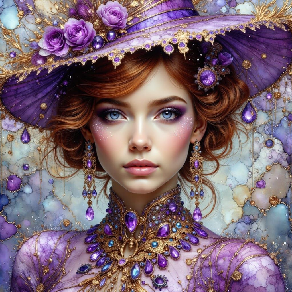 Woman in Lavender Hat with Gold and Amethyst Jewelry