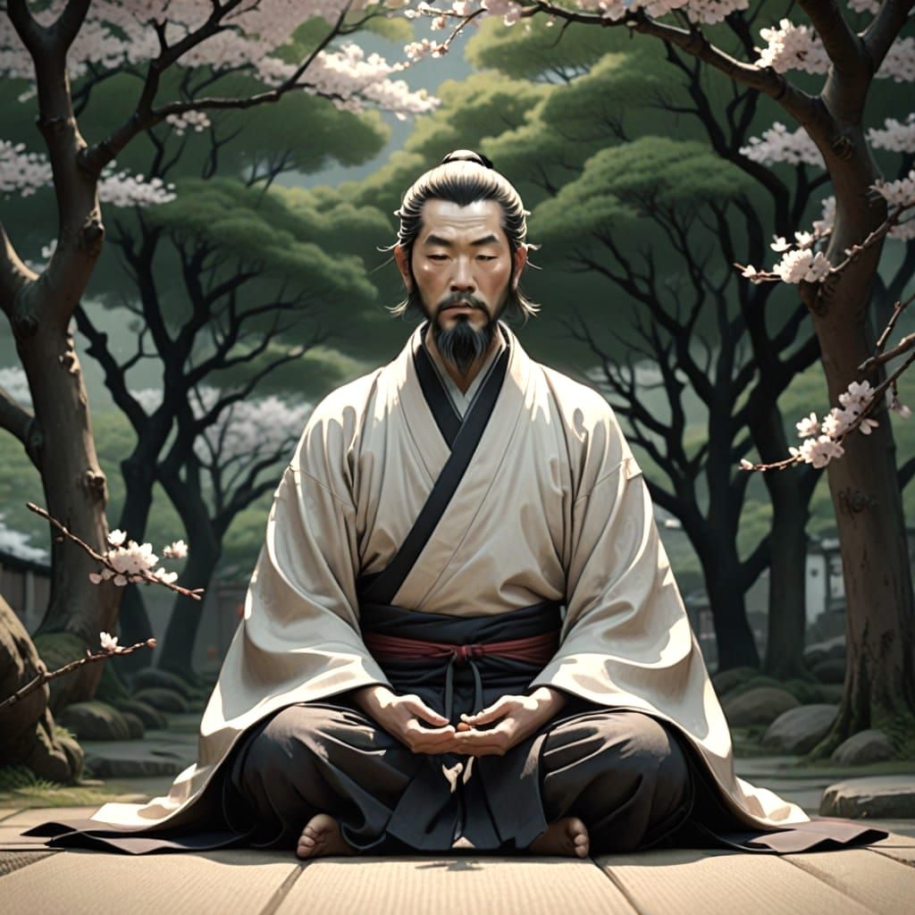 Serene Monk Meditates Beneath Cherry Blossom Tree in Traditi...