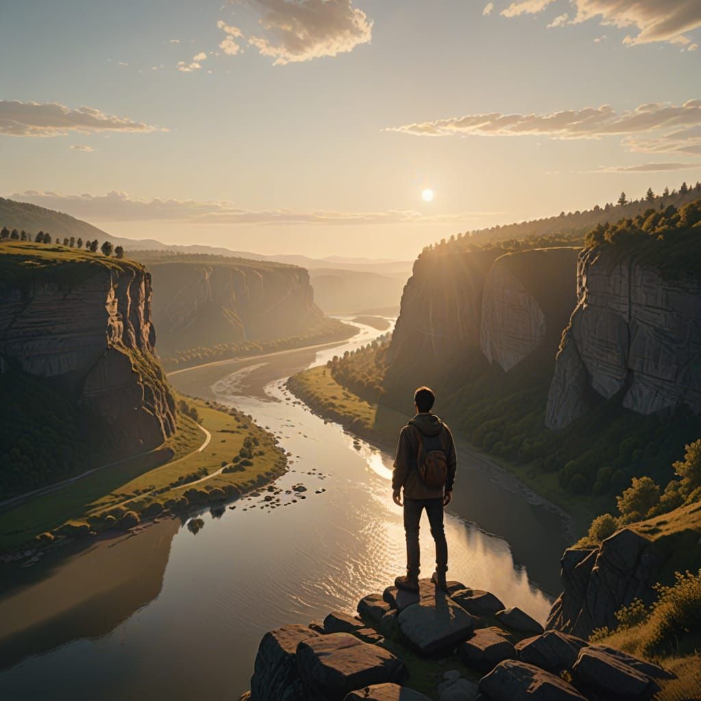 Person Overlooking River at Sunrise in Digital Art