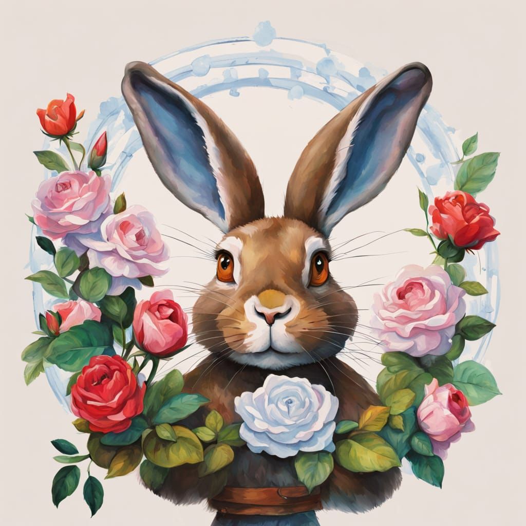 Rose and Rabbit in Sunlit Garden: Impressionist Gouache Pain...