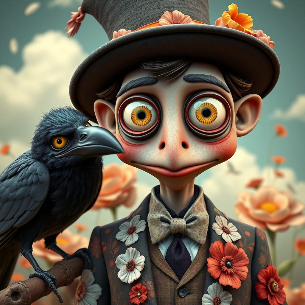 Surreal Gentleman Charms with Whimsical Pet Crow in Bohemian...