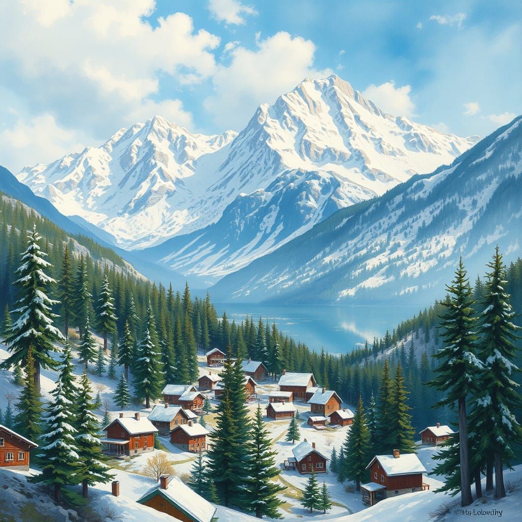 Epic Impressionist Mountain Village in Vibrant Gouache