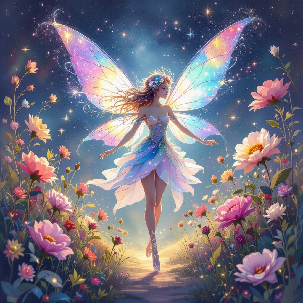 Starlight Fairy Dancing in Cosmic Garden, Magical Realism