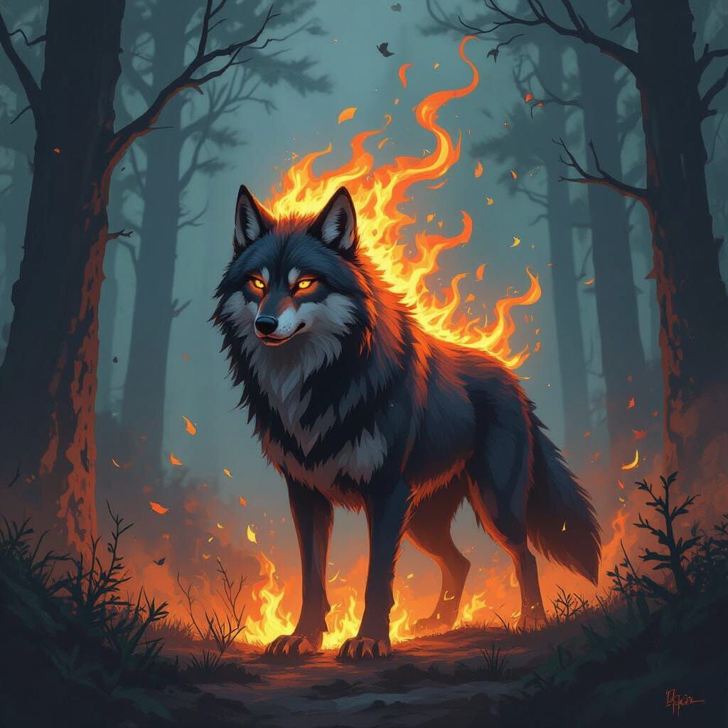 Fiery Wolf in Mystical Forest, Expressive Digital Painting