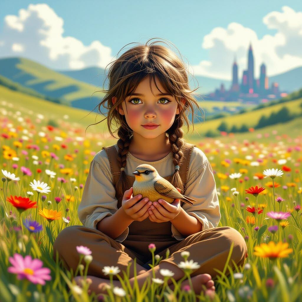 Girl with Wooden Bird in Meadow, Digital Art