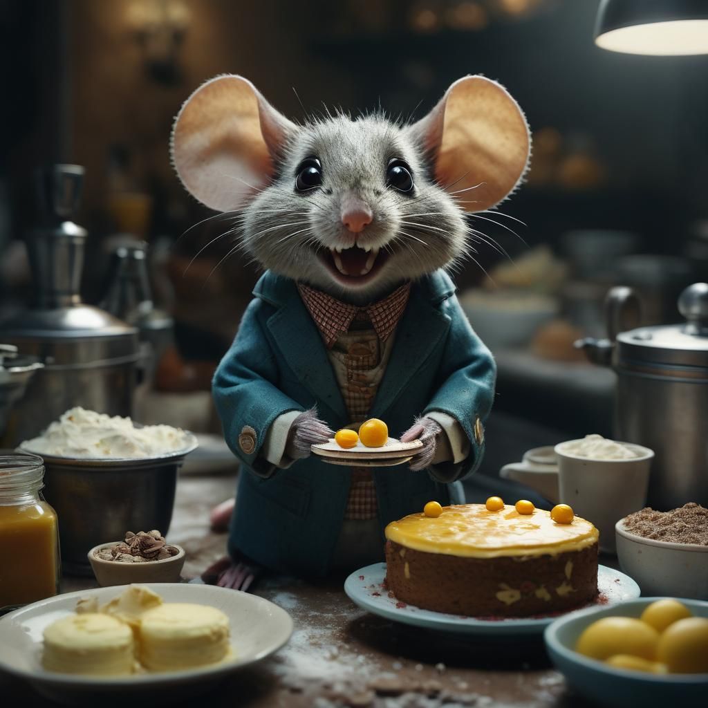 Smiling Mouse Baking Cake: Cinematic Film Still