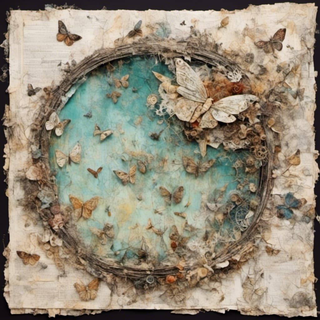 Surreal Mixed-Media Collage with Moths and Lace