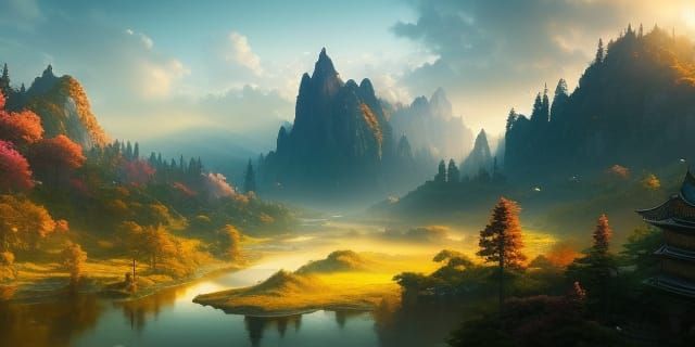 Epic Aerial View of Mountainous Landscape in Concept Art Sty...