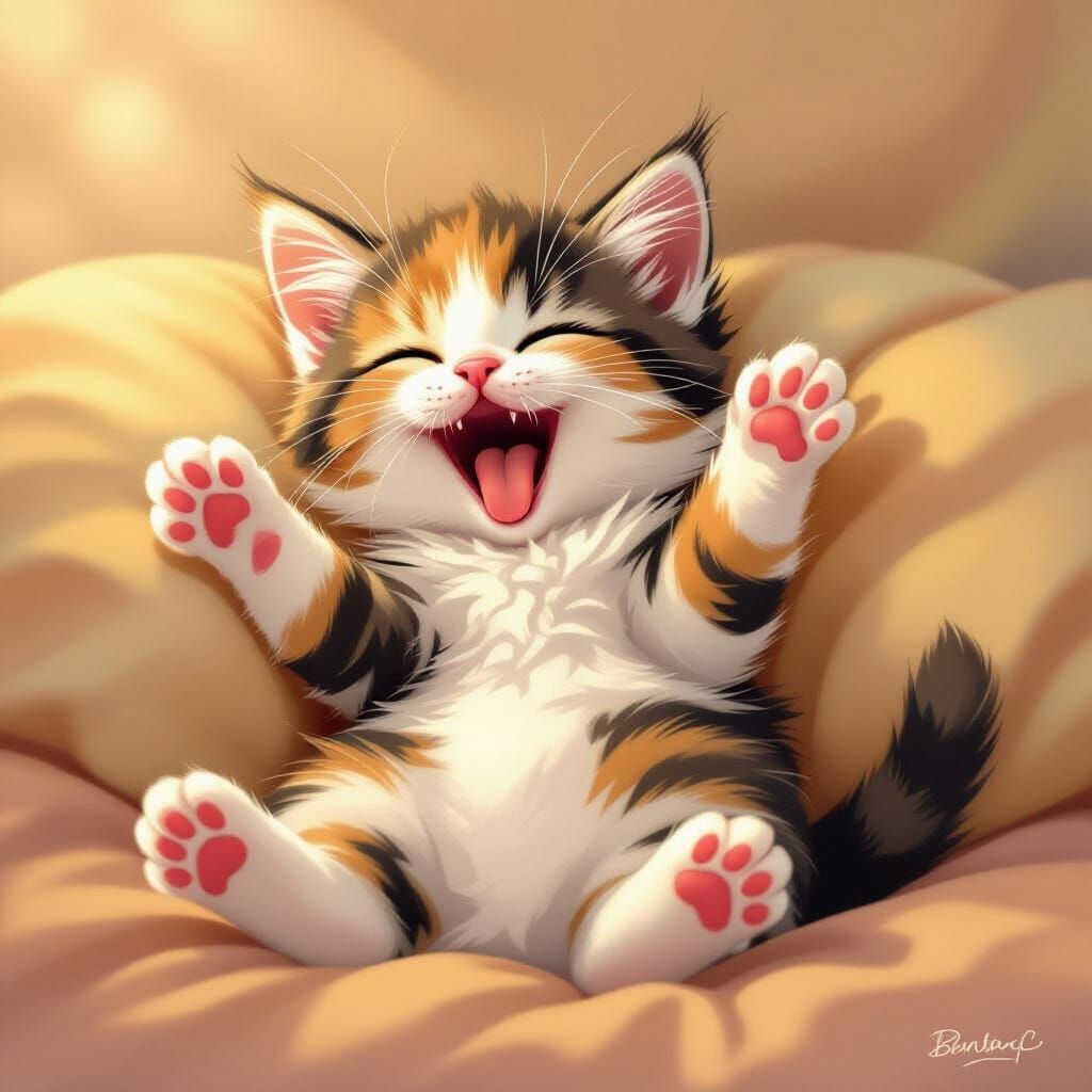 Cute Fluffy Calico Kitten Yawning in Warm Light