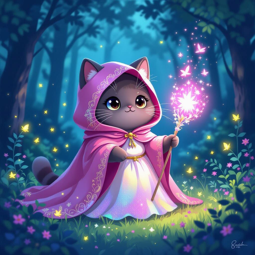 Ethereal Pusheen Cat Casting Magic in Night Forest