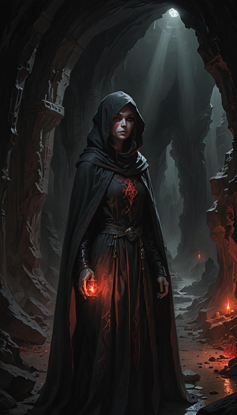 Mysterious Woman in Shadows with Arcane Sigils