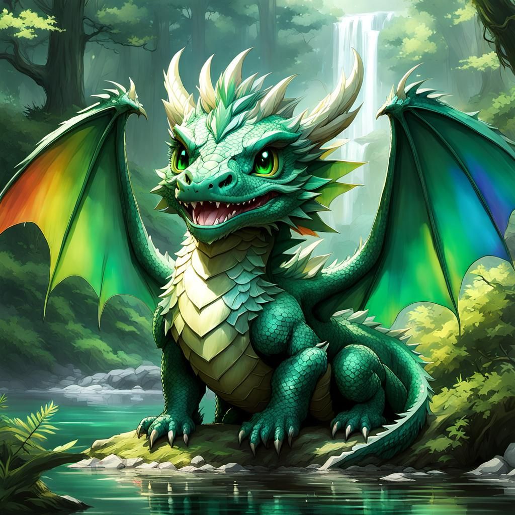 Chibi Dragon with Rainbow Wings in Detailed Forest