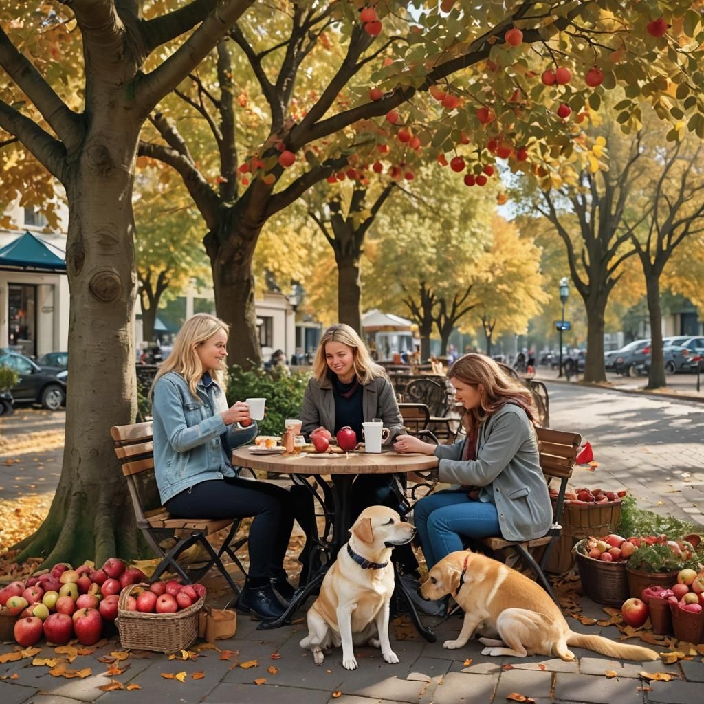 Autumn Cafe Scene with Friends and Dogs