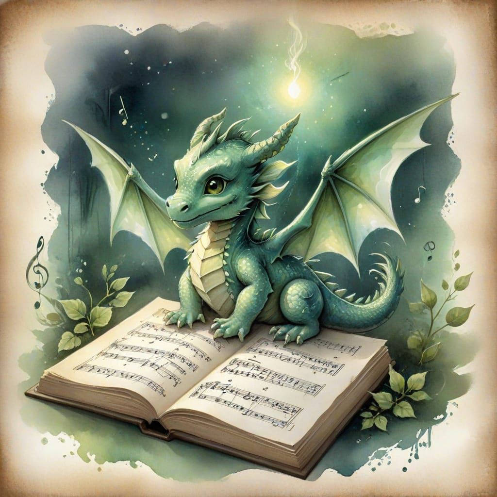 Nostalgic Musical Sheet with Chibi Dragon in Watercolor