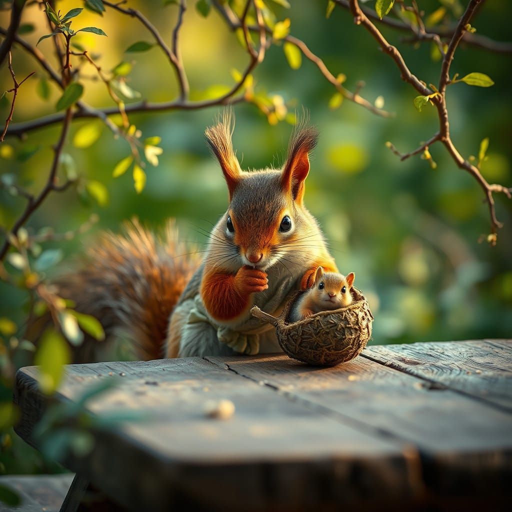 Surreal Red Squirrel Picnic Scene in Cinematic Style