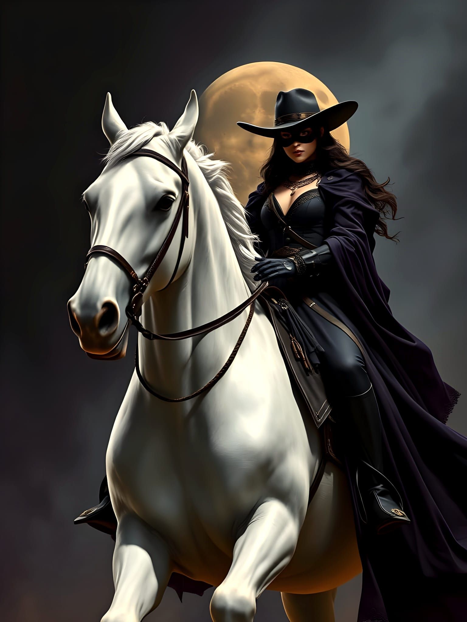 Female Lone Ranger on White Horse, Dark Fantasy Art