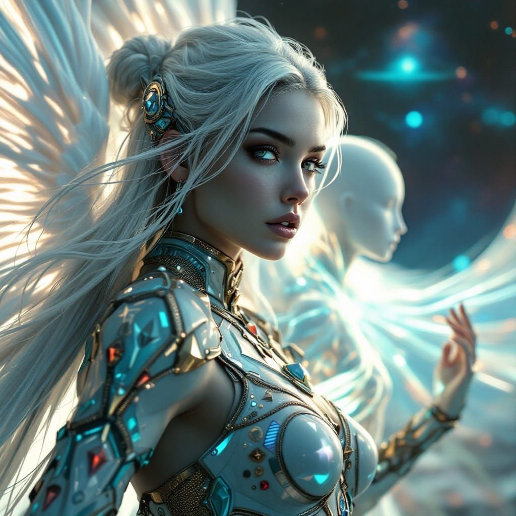 Hyper-Realistic Archangelic Woman in a Vibrant Celestial Bac...