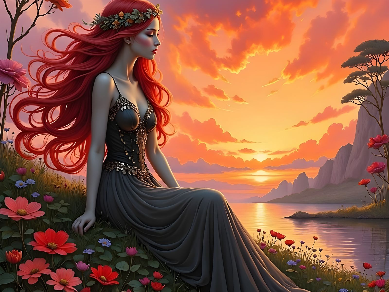 Norse Goddess in Red and Black Charcoal Sketch