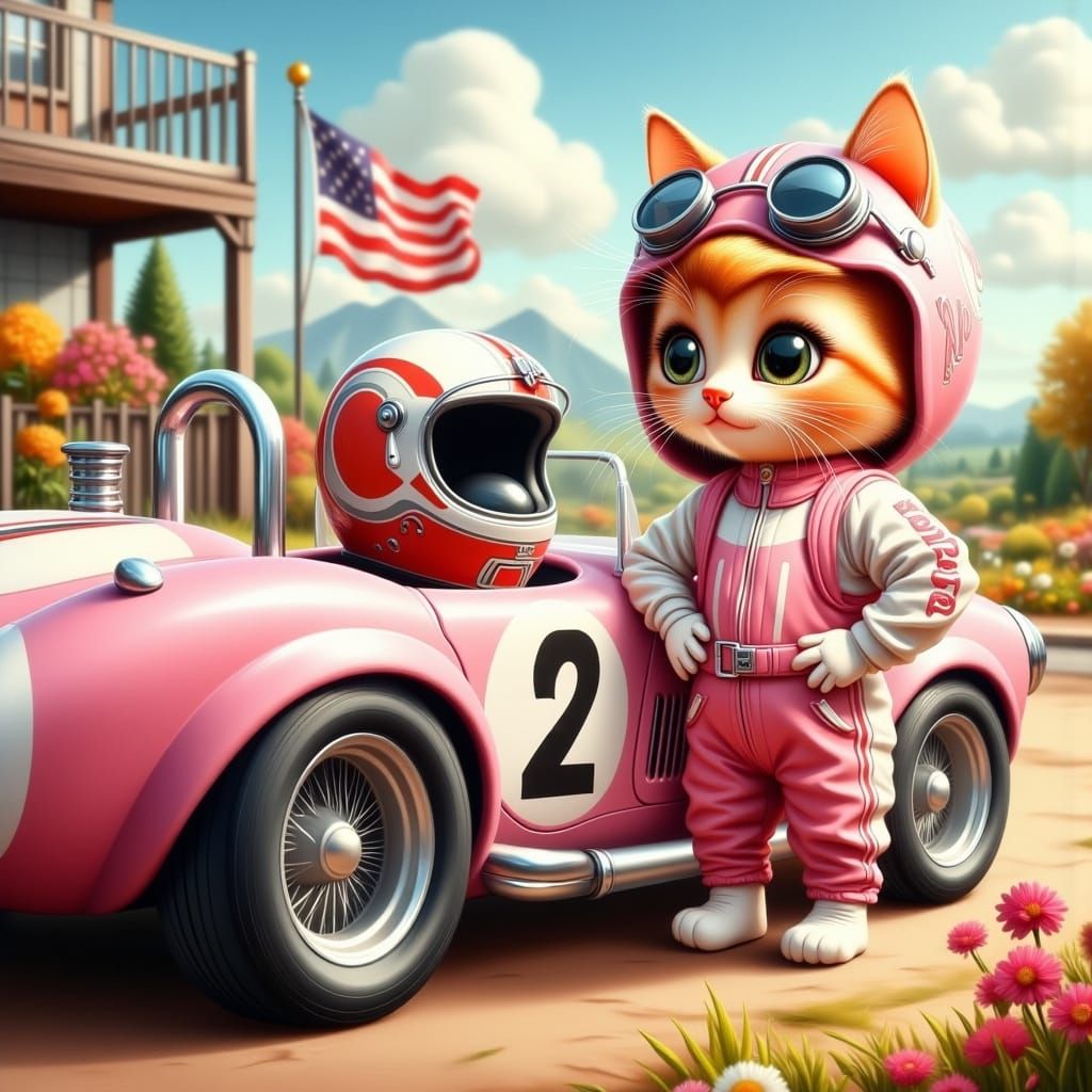 Whimsical Kitten Racer in Hyper-Realistic Style