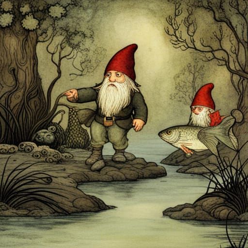 Gnomes on Fish in Forest Pond, John Bauer Style
